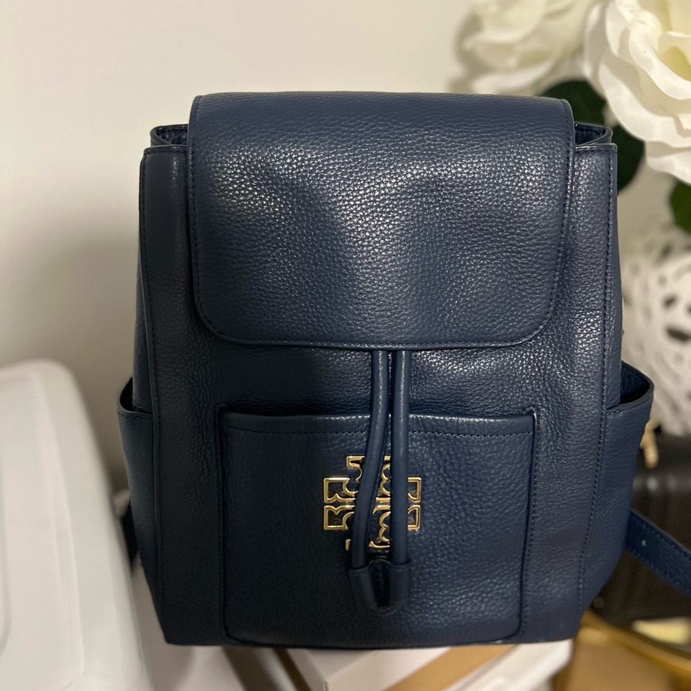 Navy Leather Backpack with Gold Accent